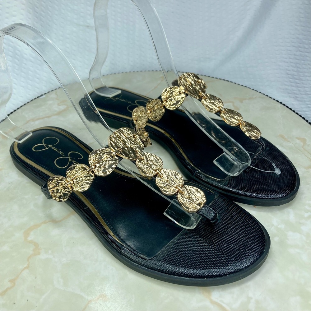 Jessica Simpson Gold Medallion T-Strap Flat Sandals Womens Sz 8 Black Summer NWT